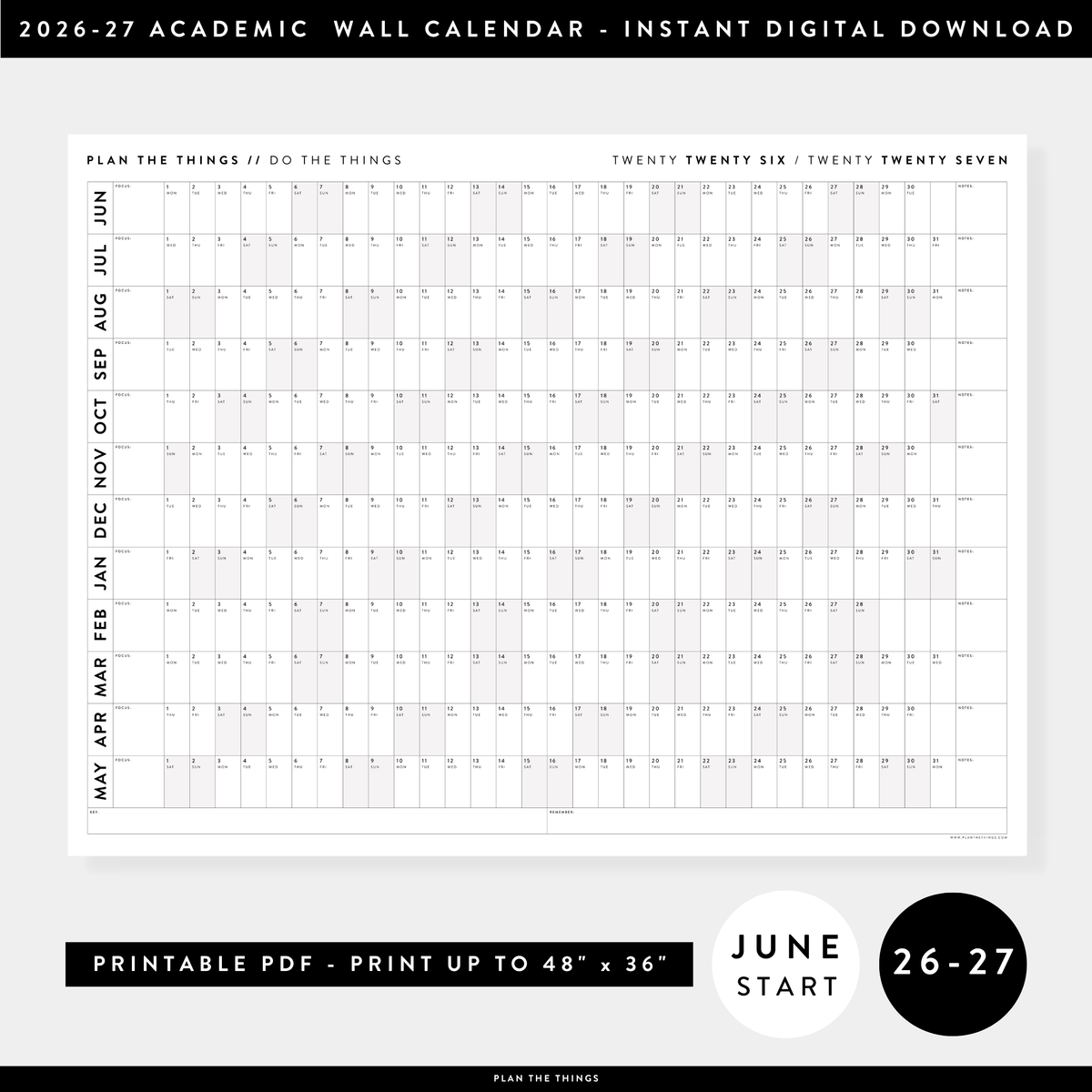 PRINTABLE 2026 - 2027 ACADEMIC WALL CALENDAR (JUNE START) | HORIZONTAL WITH GRAY WEEKENDS - INSTANT DOWNLOAD