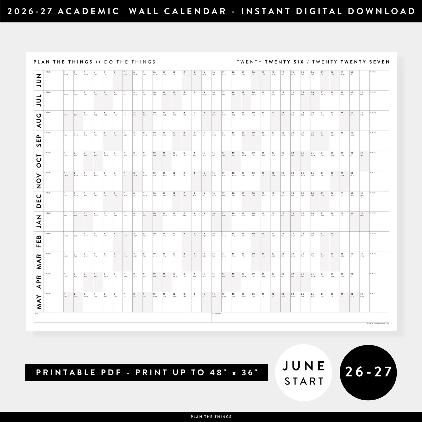 PRINTABLE 2026 - 2027 ACADEMIC WALL CALENDAR (JUNE START) | HORIZONTAL WITH GRAY WEEKENDS - INSTANT DOWNLOAD