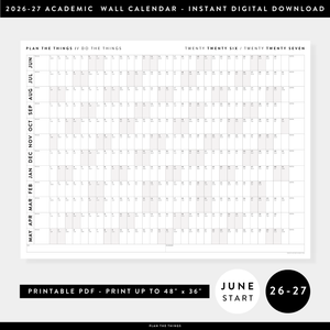 PRINTABLE 2026 - 2027 ACADEMIC WALL CALENDAR (JUNE START) | HORIZONTAL WITH GRAY WEEKENDS - INSTANT DOWNLOAD