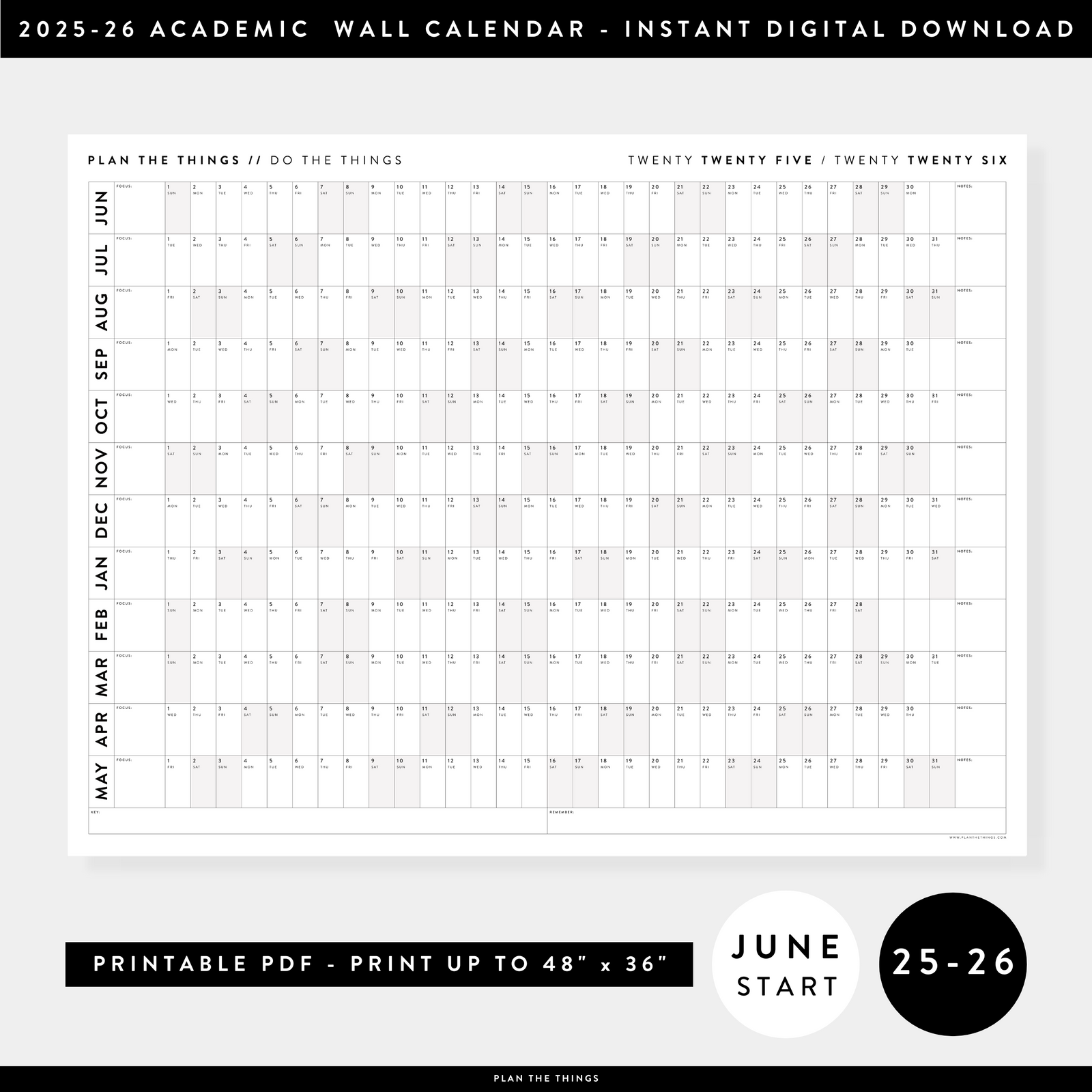 PRINTABLE 2025 - 2026 ACADEMIC WALL CALENDAR (JUNE START) | HORIZONTAL WITH GRAY / GREY WEEKENDS - INSTANT DOWNLOAD