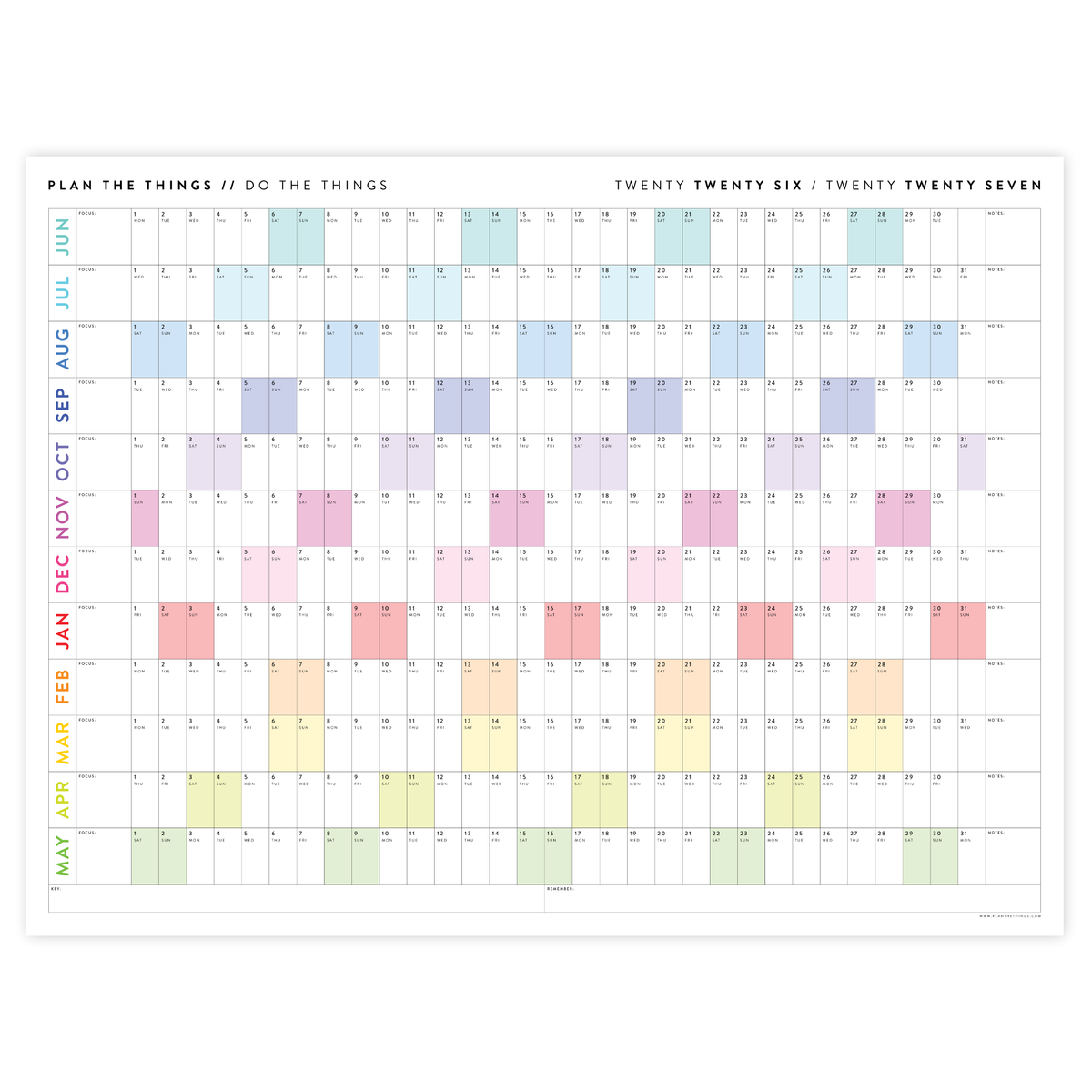 2026 - 2027 ACADEMIC WALL CALENDAR (JUNE START) | HORIZONTAL WITH RAINBOW WEEKENDS