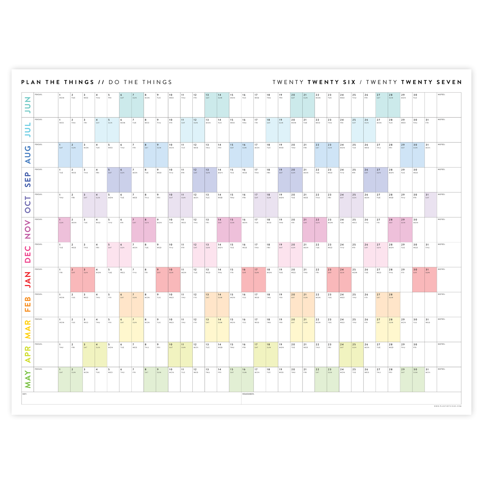 2026 - 2027 ACADEMIC WALL CALENDAR (JUNE START) | HORIZONTAL WITH RAINBOW WEEKENDS