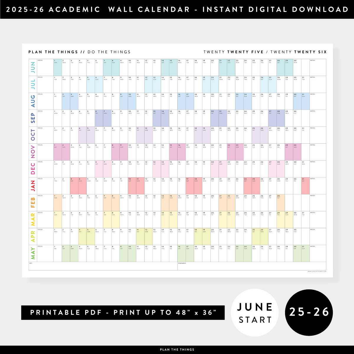 PRINTABLE 2025 - 2026 ACADEMIC WALL CALENDAR (JUNE START) | HORIZONTAL WITH RAINBOW WEEKENDS - INSTANT DOWNLOAD