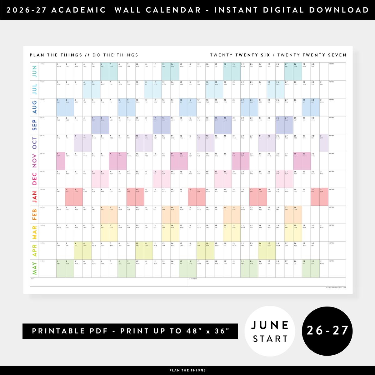 PRINTABLE 2026 - 2027 ACADEMIC WALL CALENDAR (JUNE START) | HORIZONTAL WITH RAINBOW WEEKENDS - INSTANT DOWNLOAD