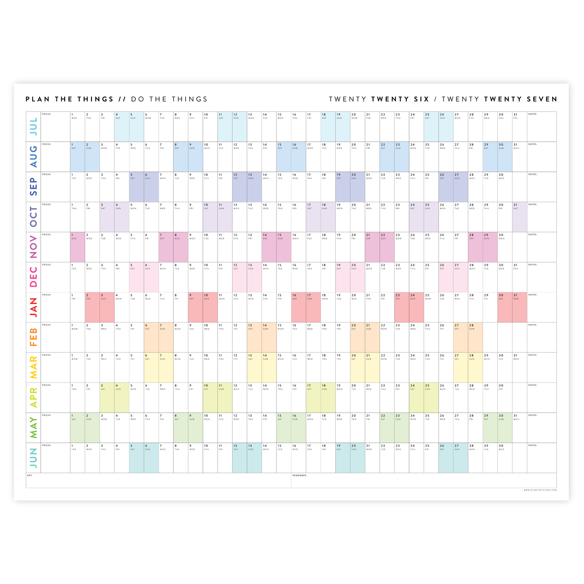 2026 - 2027 ACADEMIC WALL CALENDAR (JULY START) | HORIZONTAL WITH RAINBOW WEEKENDS