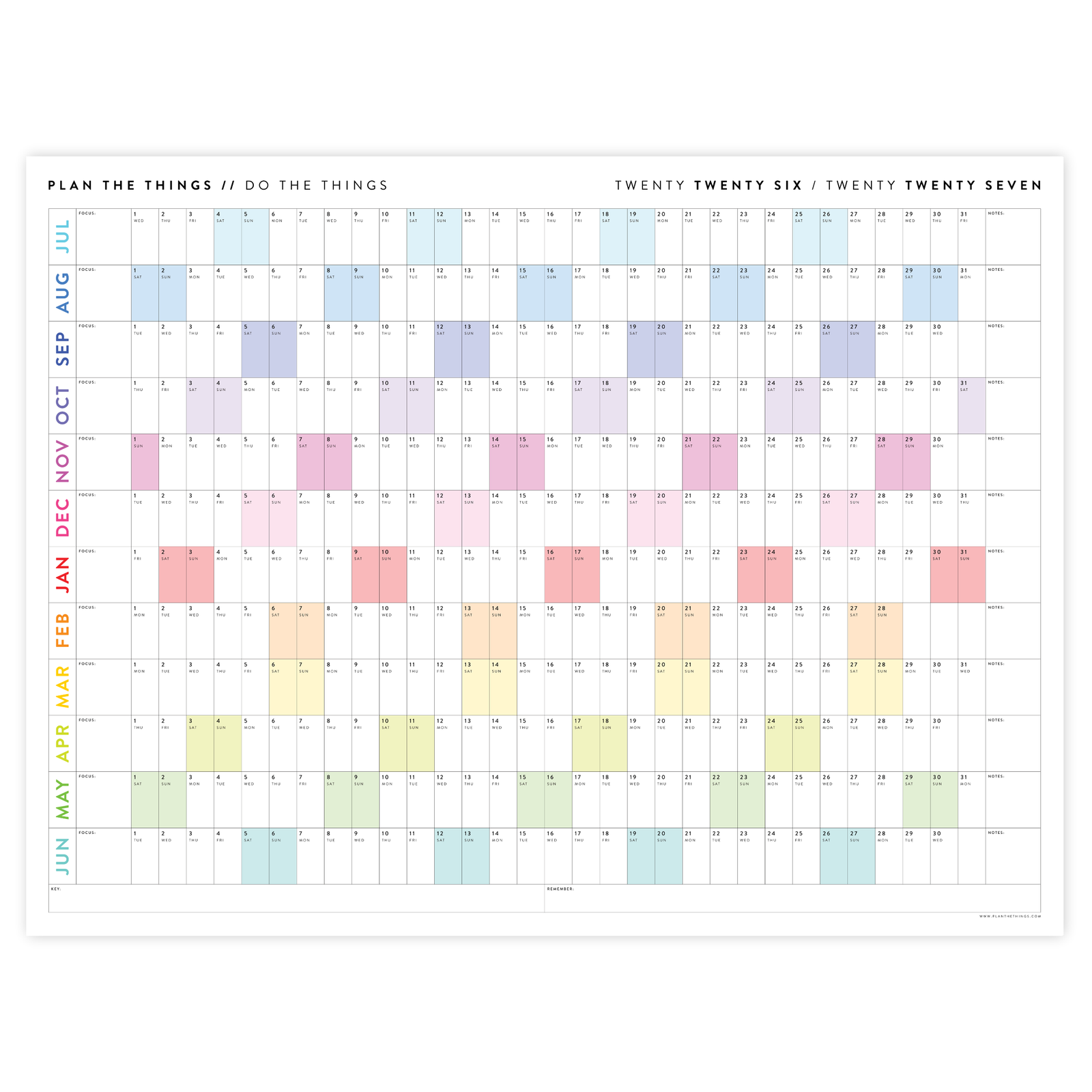 2026 - 2027 ACADEMIC WALL CALENDAR (JULY START) | HORIZONTAL WITH RAINBOW WEEKENDS