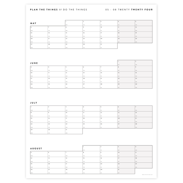 PRINTABLE 2024 FOUR MONTH WALL CALENDAR - MAY - AUGUST 2024 (GRAY) MON - Plan The Things printable-2024-four-month-wall-calendar-may-august-2024-gray-mon-plan-the-things