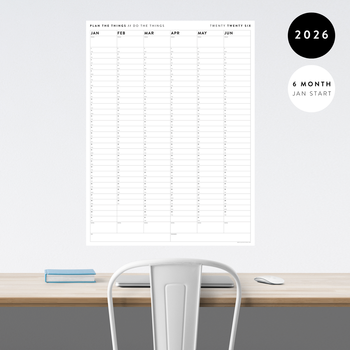 PRINTABLE SIX MONTH 2026 WALL CALENDAR (JANUARY TO JUNE) MINIMAL / CLEAR - INSTANT DOWNLOAD