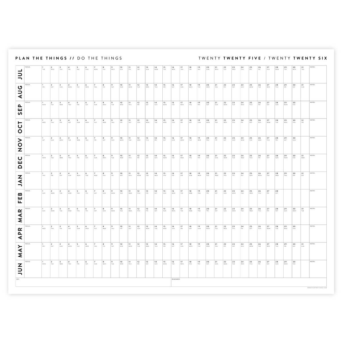 PRINTABLE 2025 - 2026 ACADEMIC WALL CALENDAR (JULY START) | HORIZONTAL - MINIMAL / CLEAR - INSTANT DOWNLOAD