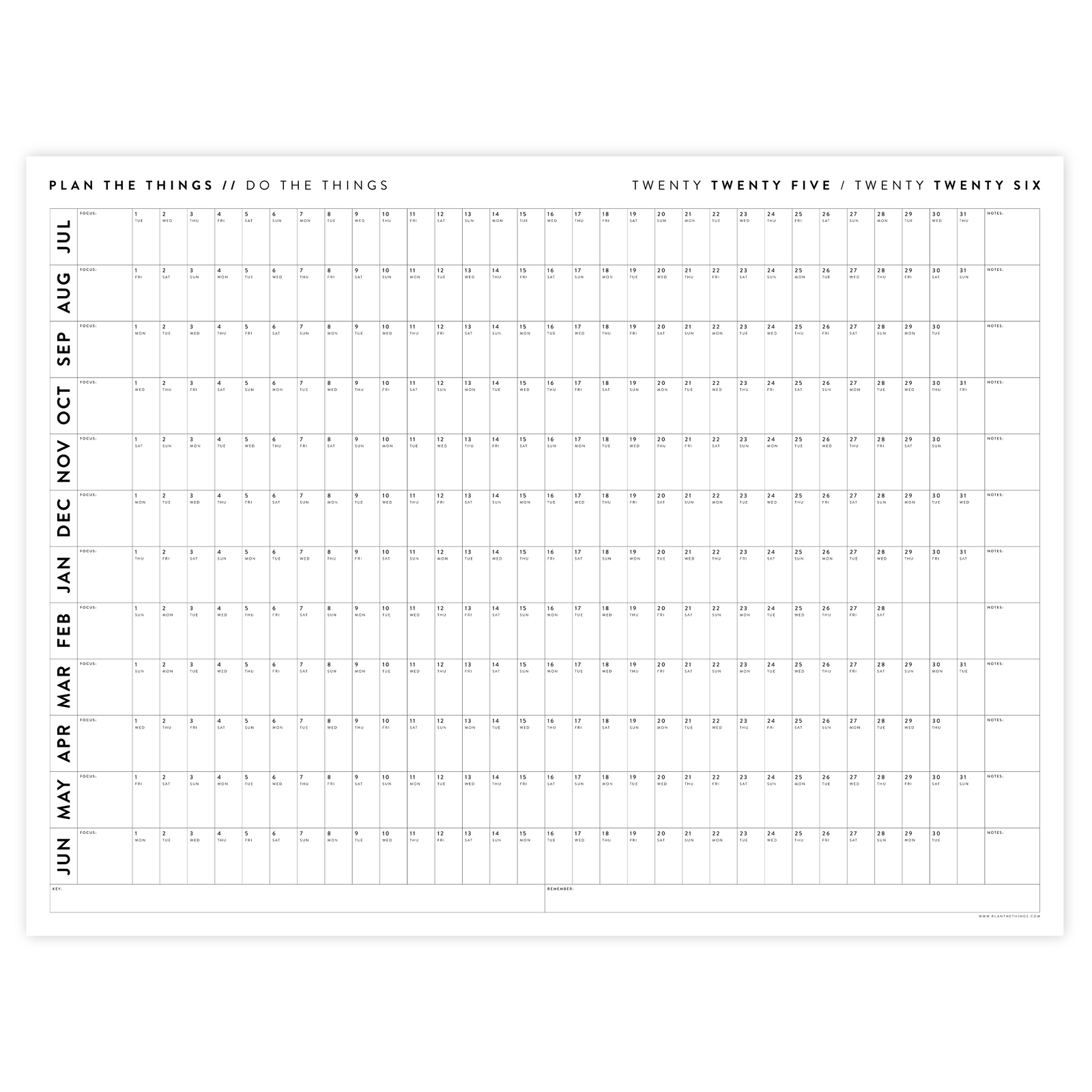 2025 - 2026 ACADEMIC WALL CALENDAR (JULY START) | HORIZONTAL - MINIMAL / CLEAR