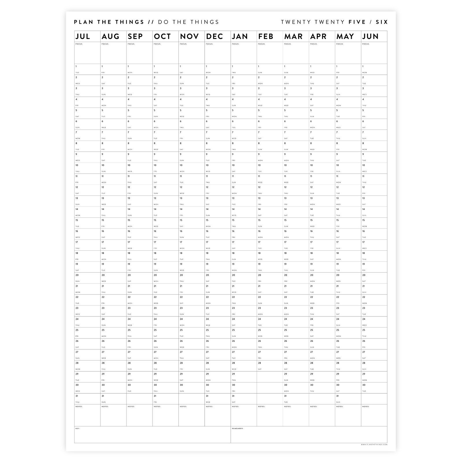 2025 - 2026 ACADEMIC WALL CALENDAR (JULY START) | VERTICAL - MINIMAL / CLEAR