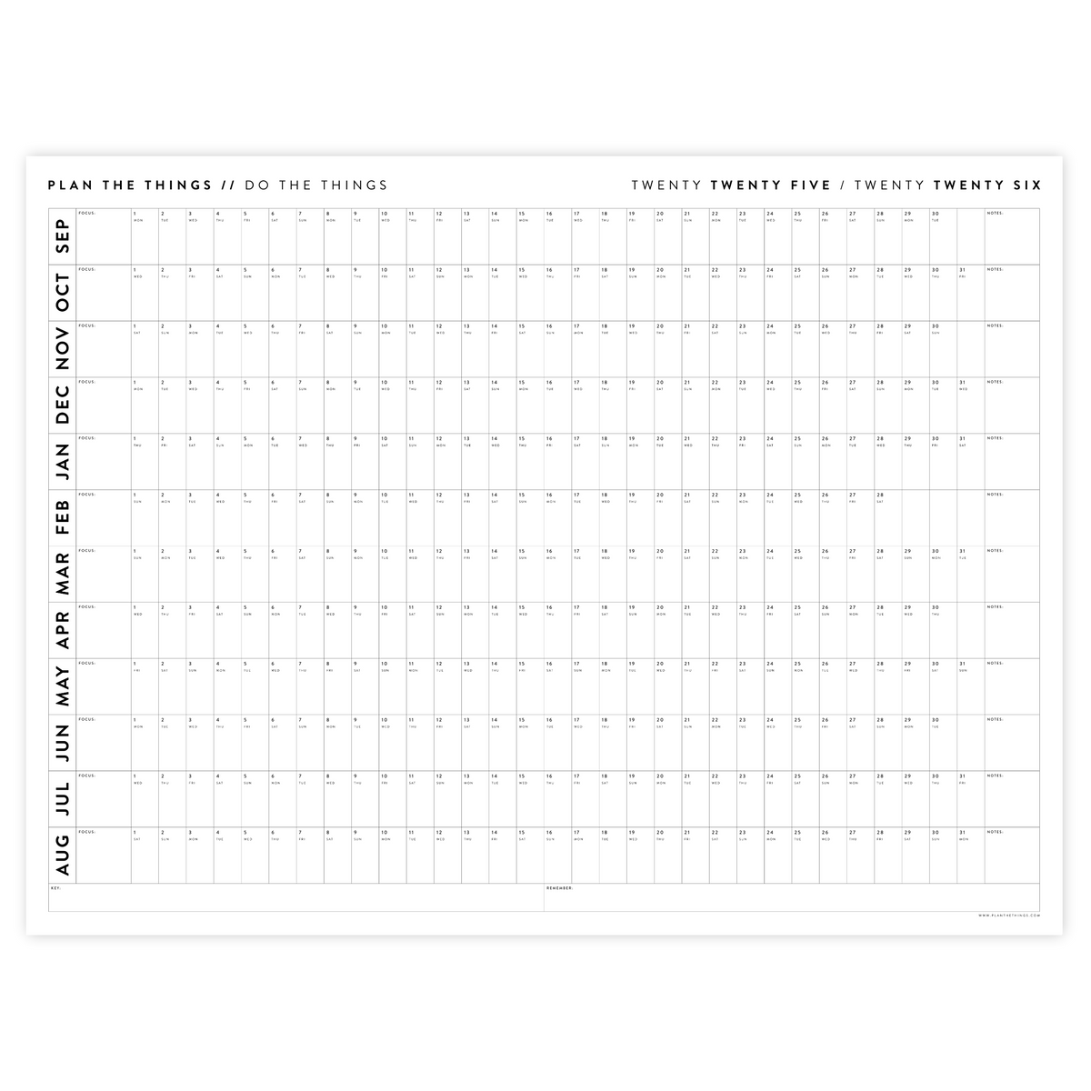 PRINTABLE 2025 - 2026 ACADEMIC WALL CALENDAR (SEPTEMBER START) | HORIZONTAL - MINIMAL / CLEAR - INSTANT DOWNLOAD