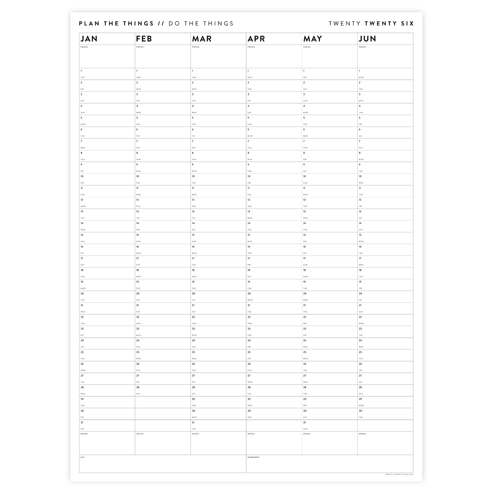 SIX MONTH 2026 GIANT WALL CALENDAR (JANUARY TO JUNE)  MINIMAL / CLEAR