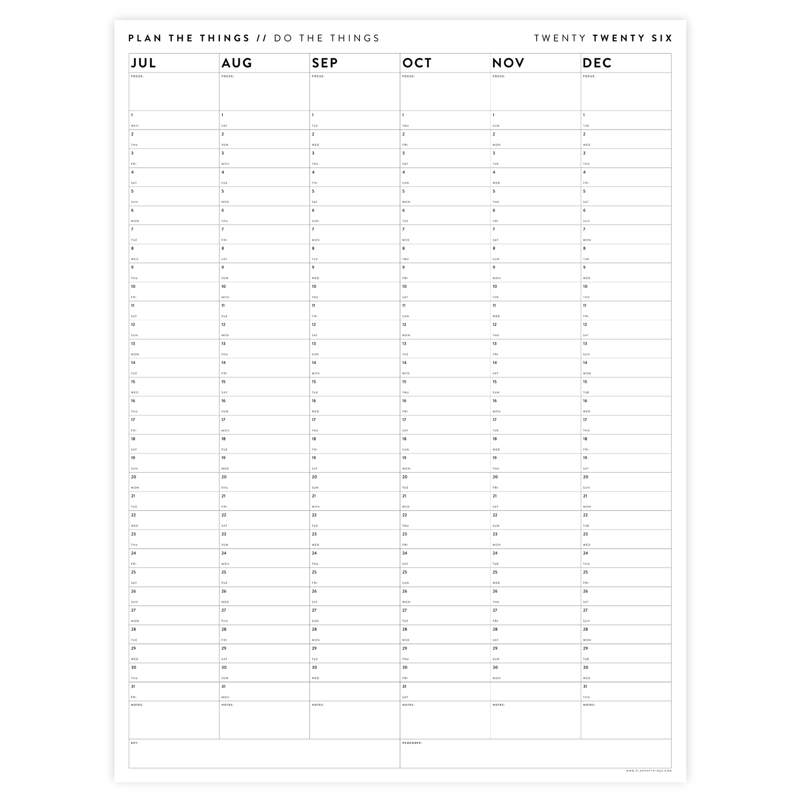 SIX MONTH 2026 GIANT WALL CALENDAR (JULY TO DECEMBER) MINIMAL / CLEAR