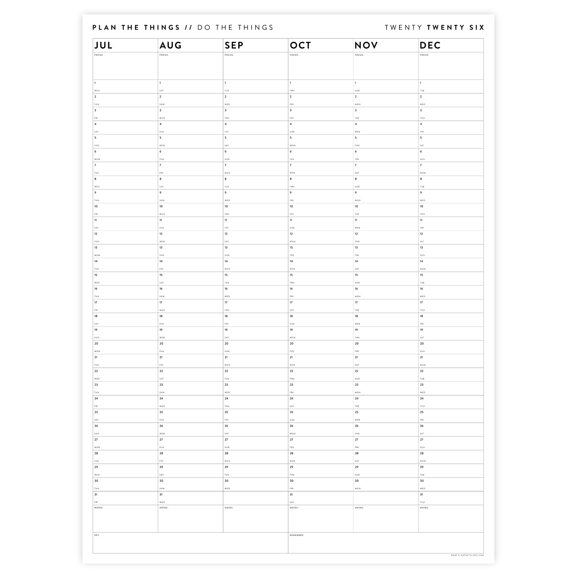 SIX MONTH 2026 GIANT WALL CALENDAR (JULY TO DECEMBER) MINIMAL / CLEAR