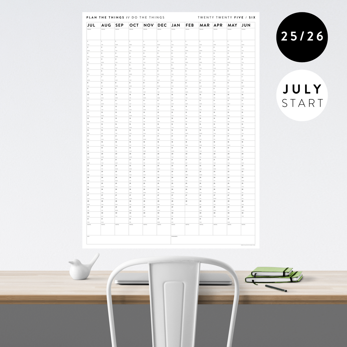 PRINTABLE 2025 - 2026 ACADEMIC WALL CALENDAR (JULY START) | VERTICAL - MINIMAL / CLEAR - INSTANT DOWNLOAD