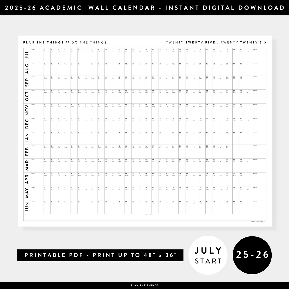 PRINTABLE 2025 - 2026 ACADEMIC WALL CALENDAR (JULY START) | HORIZONTAL - MINIMAL / CLEAR - INSTANT DOWNLOAD