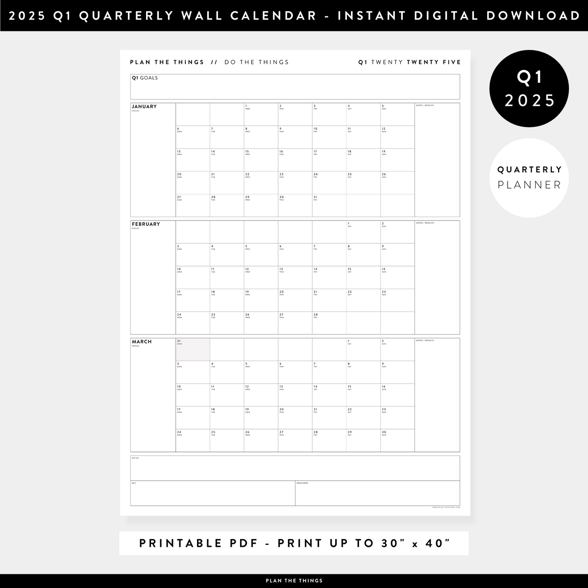 PRINTABLE Q1 (JANUARY - MARCH) 2025 QUARTERLY WALL CALENDAR (MINIMAL) - INSTANT DOWNLOAD