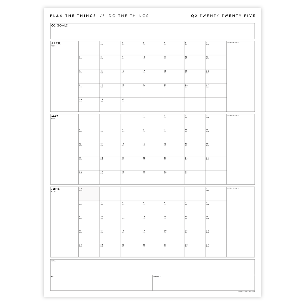PRINTABLE Q2 (APRIL - JUNE) 2025 QUARTERLY WALL CALENDAR (MINIMAL) - INSTANT PDF DOWNLOAD