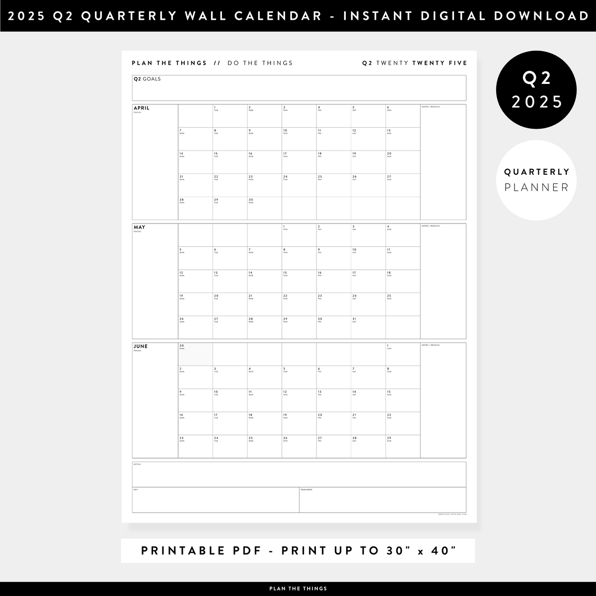 PRINTABLE Q2 (APRIL - JUNE) 2025 QUARTERLY WALL CALENDAR (MINIMAL) - INSTANT PDF DOWNLOAD