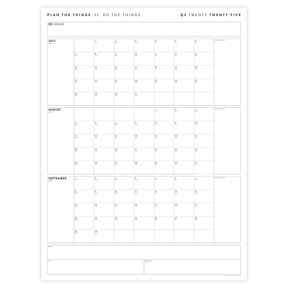 PRINTABLE Q3 (JULY - SEPTEMBER) 2025 QUARTERLY WALL CALENDAR (MINIMAL) - INSTANT PDF DOWNLOAD