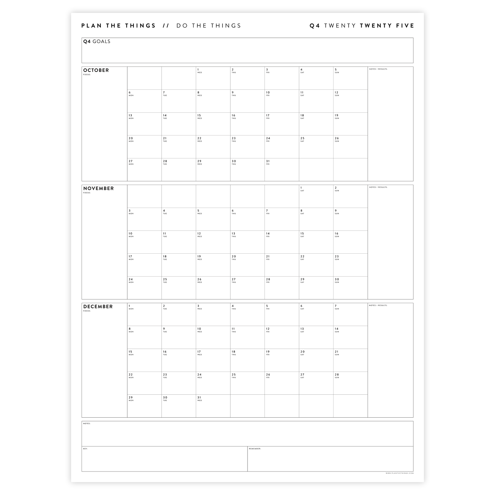 PRINTABLE Q4 (OCTOBER - DECEMBER) 2025 QUARTERLY WALL CALENDAR (MINIMAL) - INSTANT PDF DOWNLOAD