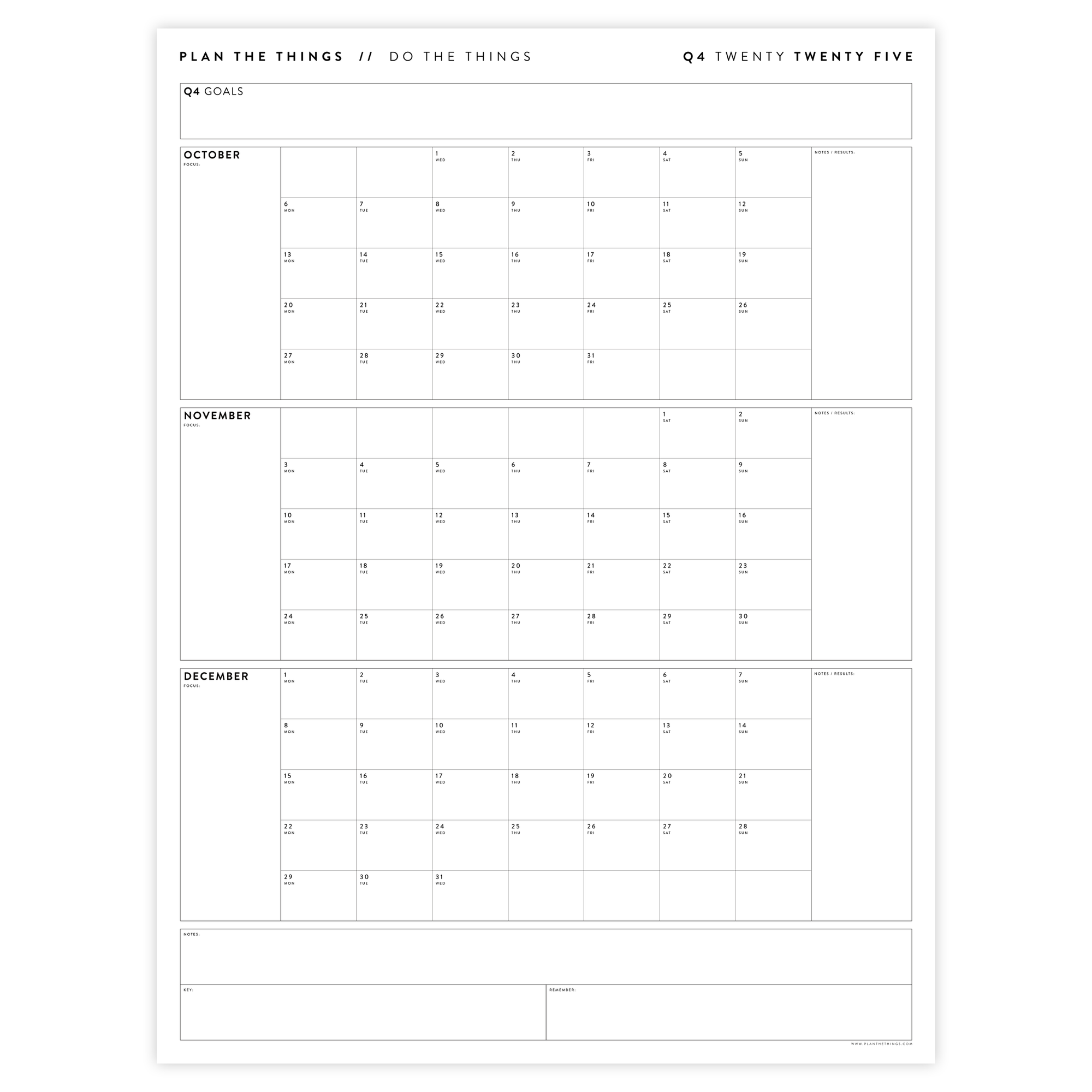 PRINTABLE Q4 (OCTOBER - DECEMBER) 2025 QUARTERLY WALL CALENDAR (MINIMAL) - INSTANT PDF DOWNLOAD