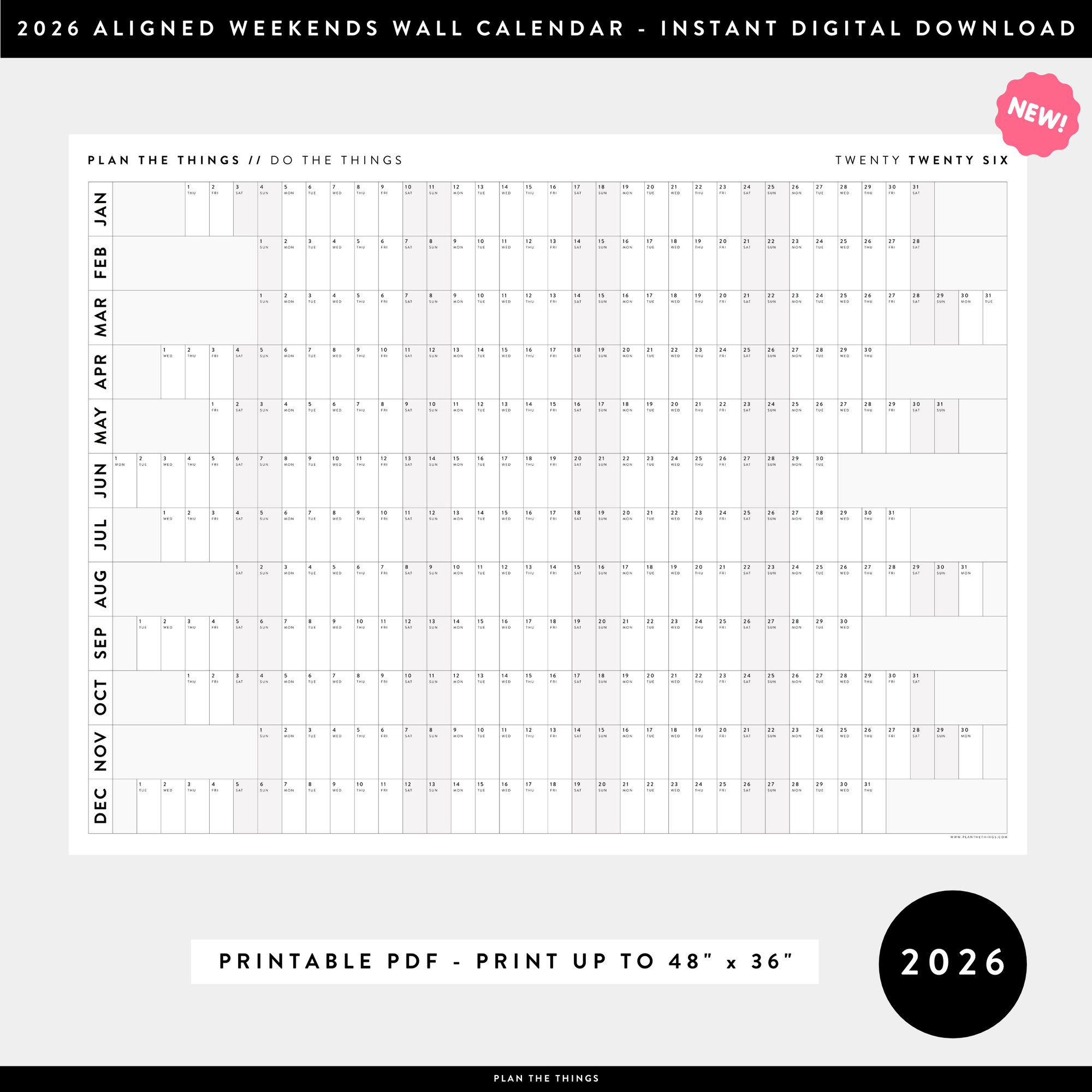 NEW! PRINTABLE 2026 HORIZONTAL WALL CALENDAR WITH ALIGNED WEEKENDS - INSTANT DOWNLOAD PRINT UP TO 48" x 36" - GRAY