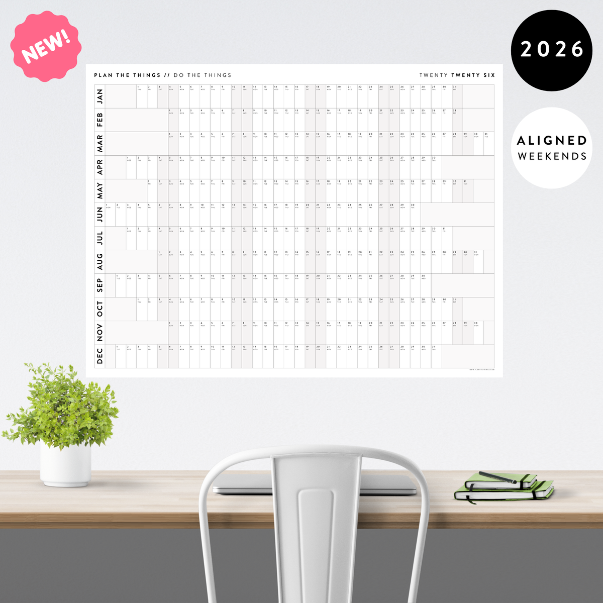 NEW FORMAT! GIANT 2026 ANNUAL WALL CALENDAR | HORIZONTAL WITH ALIGNED WEEKENDS - GRAY