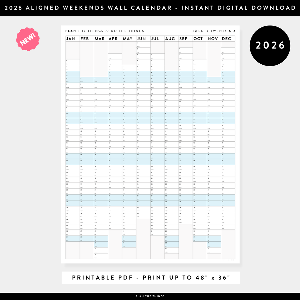 NEW! PRINTABLE VERTICAL 2026 WALL CALENDAR WITH ALIGNED BLUE WEEKENDS - INSTANT DOWNLOAD