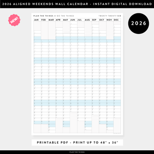 NEW! PRINTABLE VERTICAL 2026 WALL CALENDAR WITH ALIGNED BLUE WEEKENDS - INSTANT DOWNLOAD