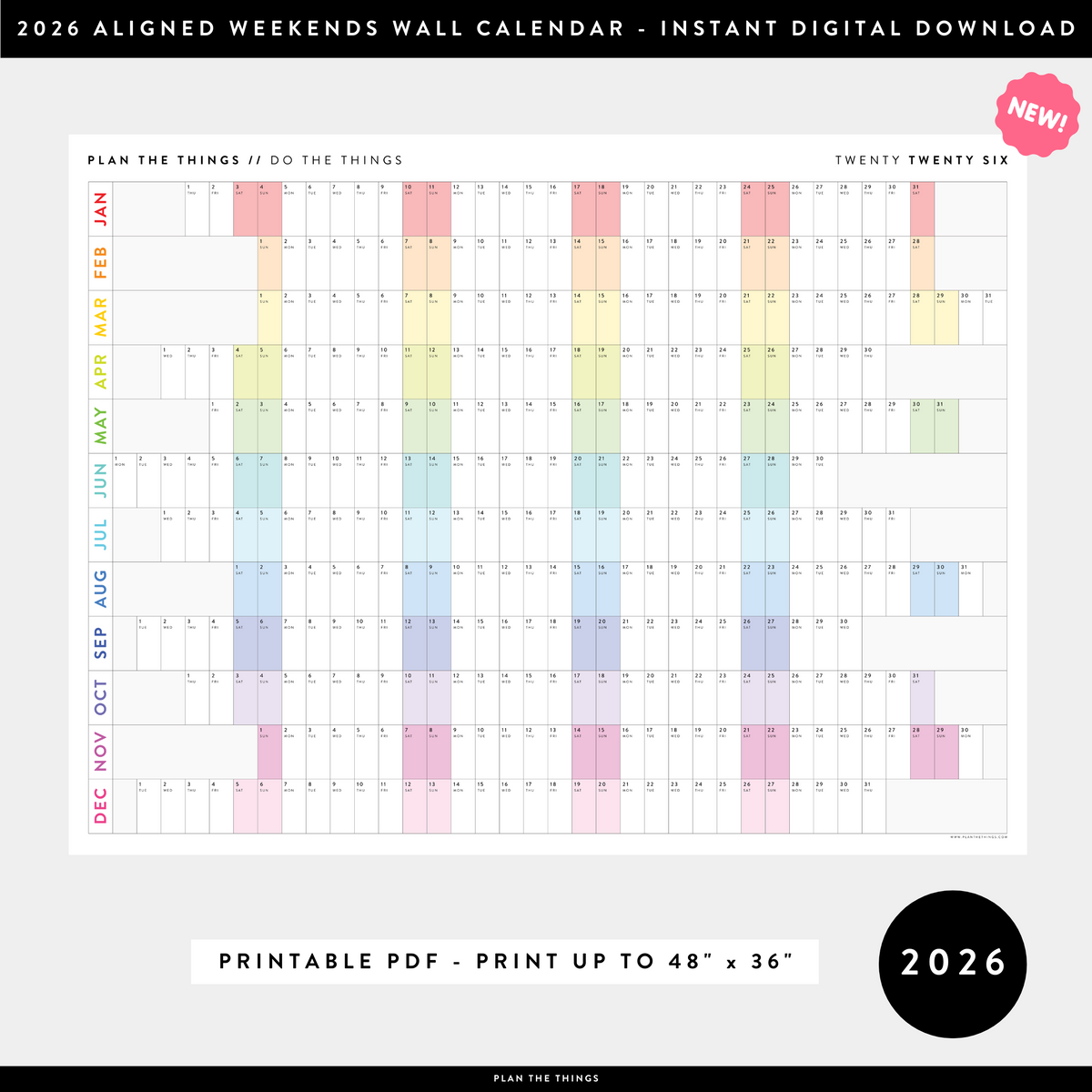 NEW! PRINTABLE 2026 HORIZONTAL WALL CALENDAR WITH ALIGNED WEEKENDS - INSTANT DOWNLOAD PRINT UP TO 48" x 36"