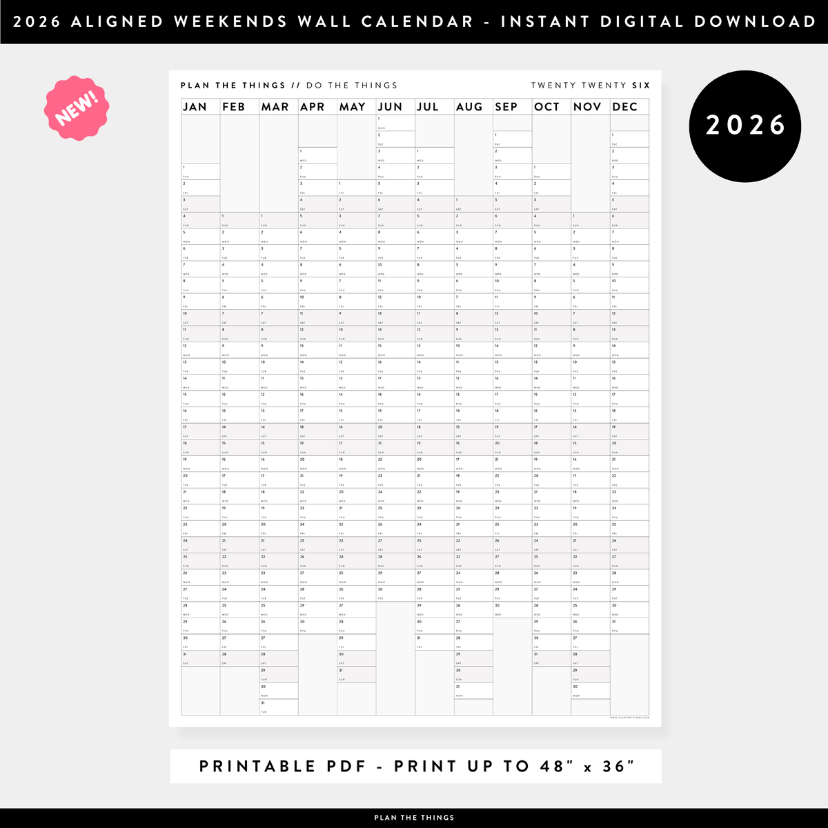 NEW! PRINTABLE VERTICAL 2026 WALL CALENDAR WITH ALIGNED GRAY WEEKENDS - INSTANT DOWNLOAD