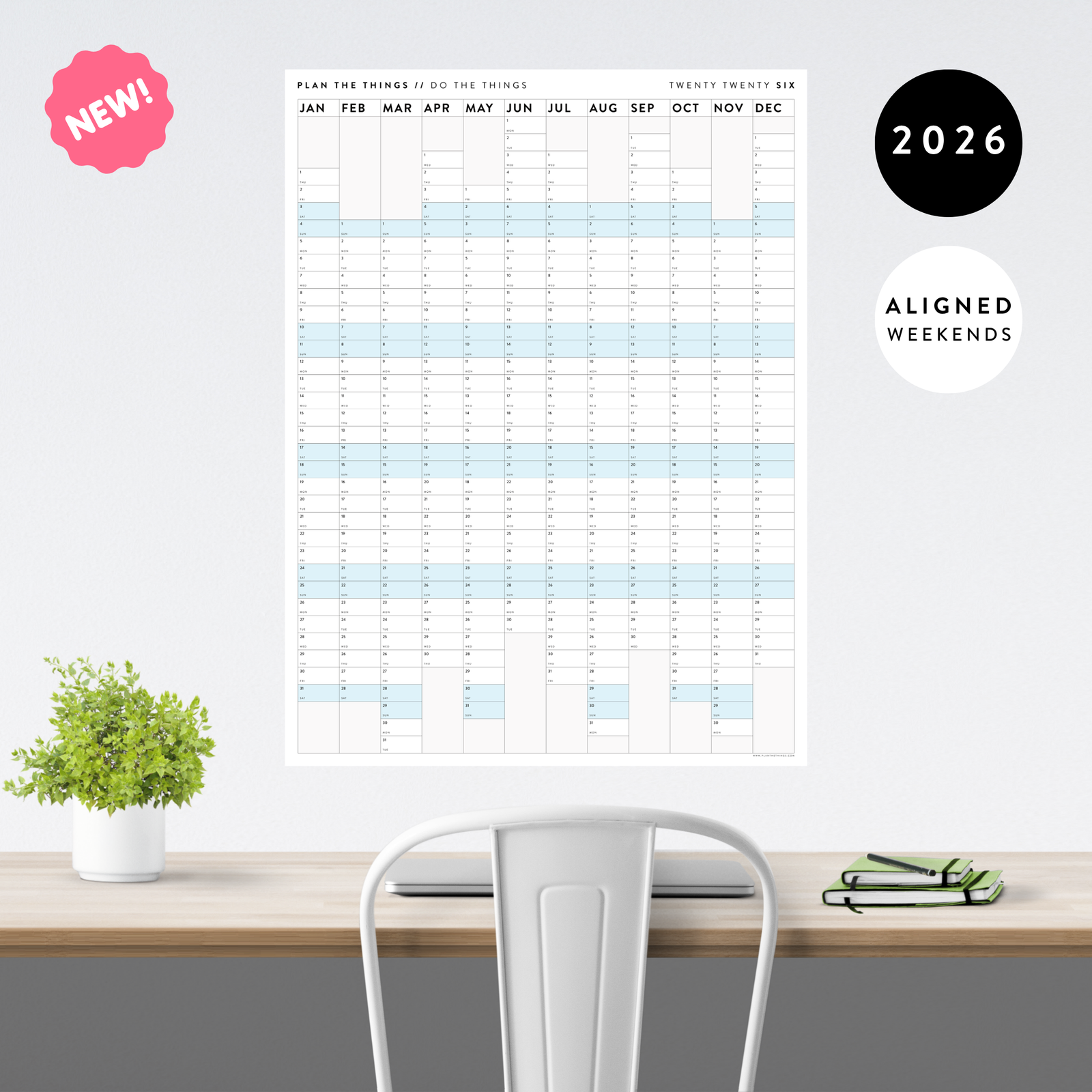 NEW FORMAT! GIANT 2026 ANNUAL WALL CALENDAR | VERTICAL WITH BLUE ALIGNED WEEKENDS