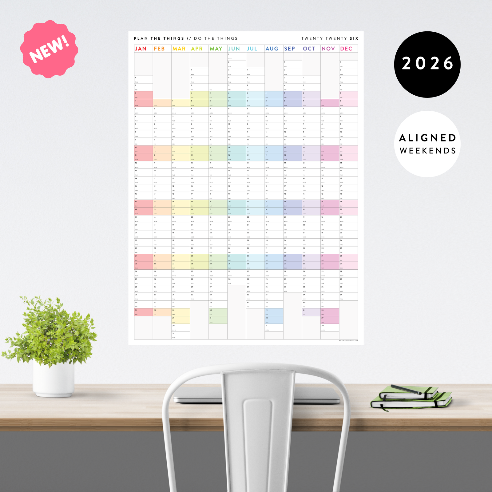 NEW FORMAT! GIANT 2026 ANNUAL WALL CALENDAR | VERTICAL WITH RAINBOW ALIGNED WEEKENDS