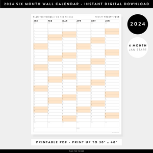 PRINTABLE SIX MONTH 2024 WALL CALENDAR (JANUARY TO JUNE) WITH ORANGE WEEKENDS - INSTANT DOWNLOAD