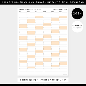 PRINTABLE SIX MONTH 2024 WALL CALENDAR (JULY TO DECEMBER) WITH ORANGE WEEKENDS - INSTANT DOWNLOAD