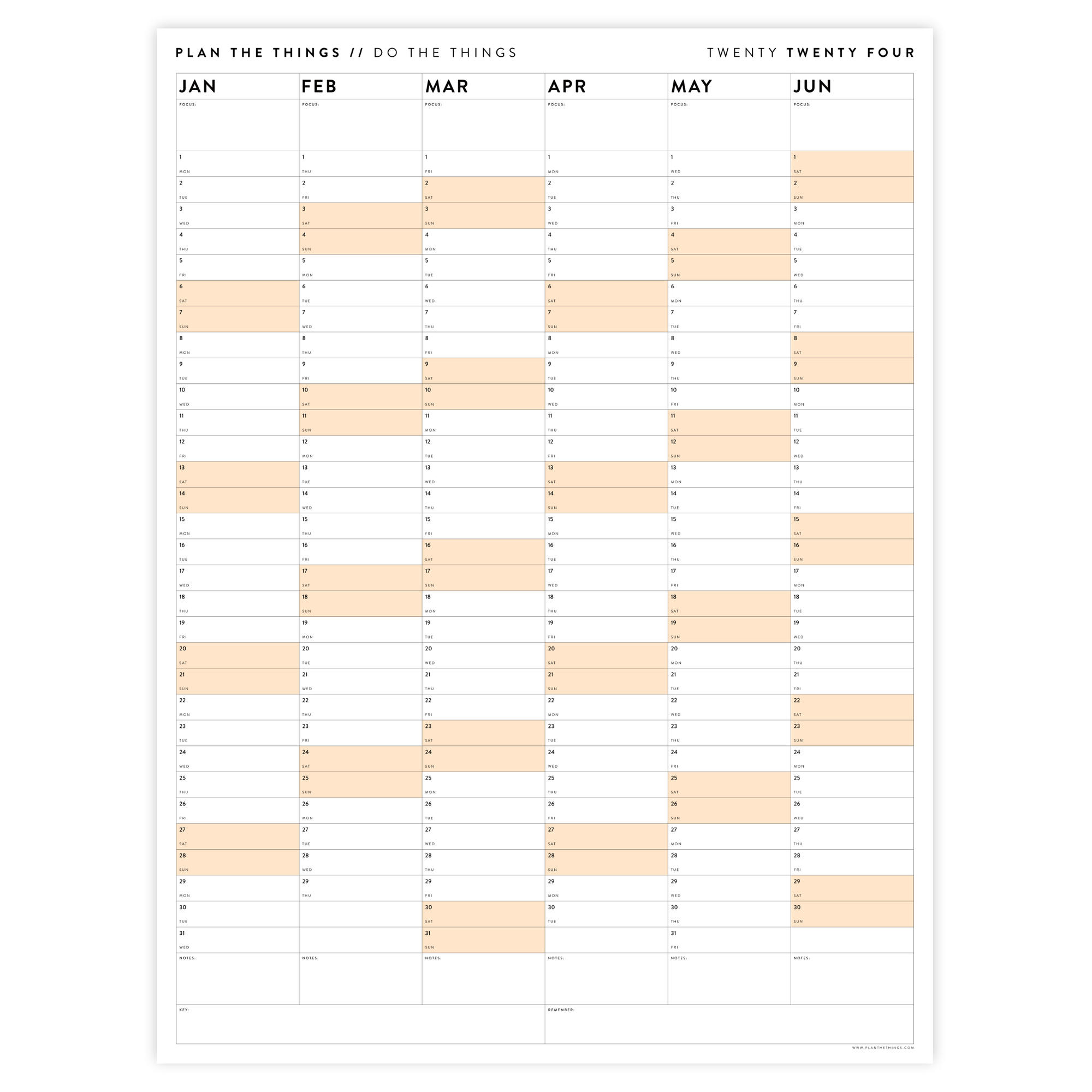 SIX MONTH 2024 GIANT WALL CALENDAR (JANUARY TO JUNE)  WITH ORANGE WEEKENDS