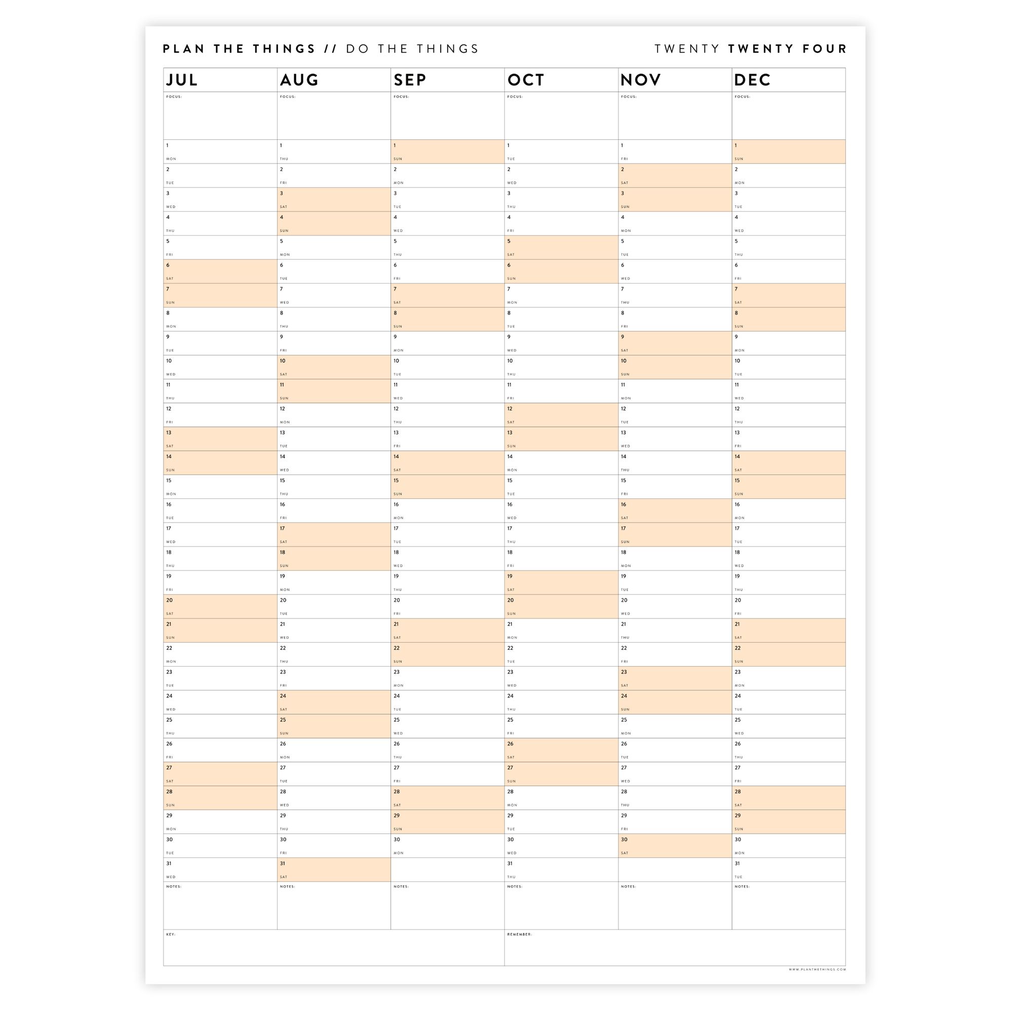 PRINTABLE SIX MONTH 2024 WALL CALENDAR (JULY TO DECEMBER) WITH ORANGE WEEKENDS - INSTANT DOWNLOAD