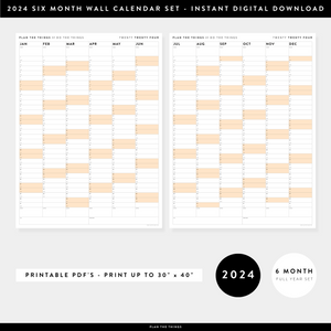 PRINTABLE SIX MONTH 2024 WALL CALENDAR SET WITH ORANGE WEEKENDS - INSTANT DOWNLOAD