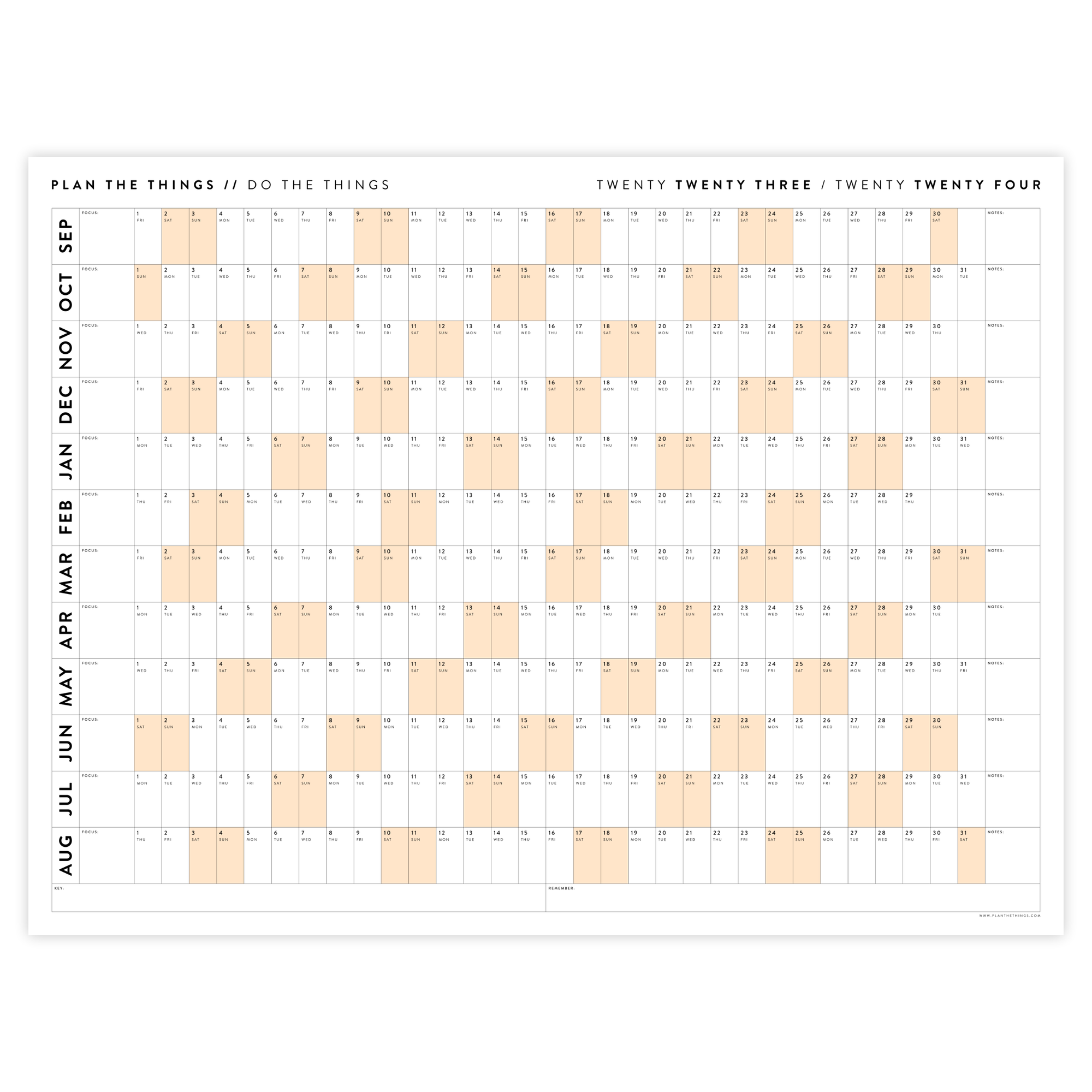 PRINTABLE 2023 / 2024 ACADEMIC WALL CALENDAR (SEPTEMBER START) | HORIZONTAL WITH ORANGE WEEKENDS - INSTANT DOWNLOAD