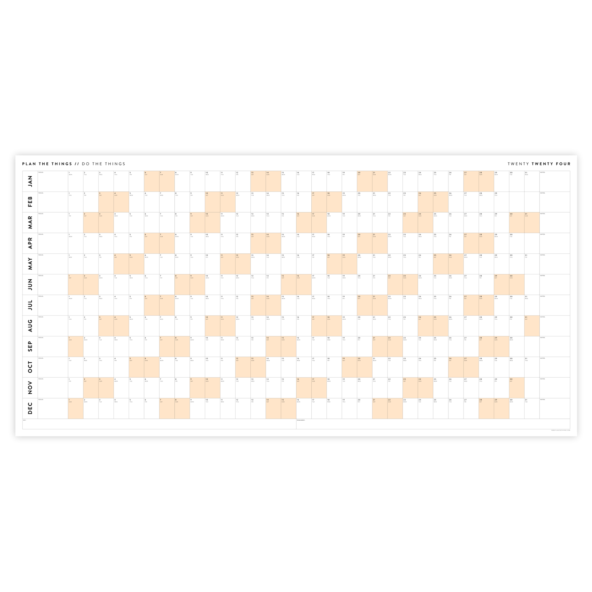 PRINTABLE 6' x 3' MASSIVE 2024 WALL CALENDAR WITH ORANGE WEEKENDS - INSTANT DOWNLOAD