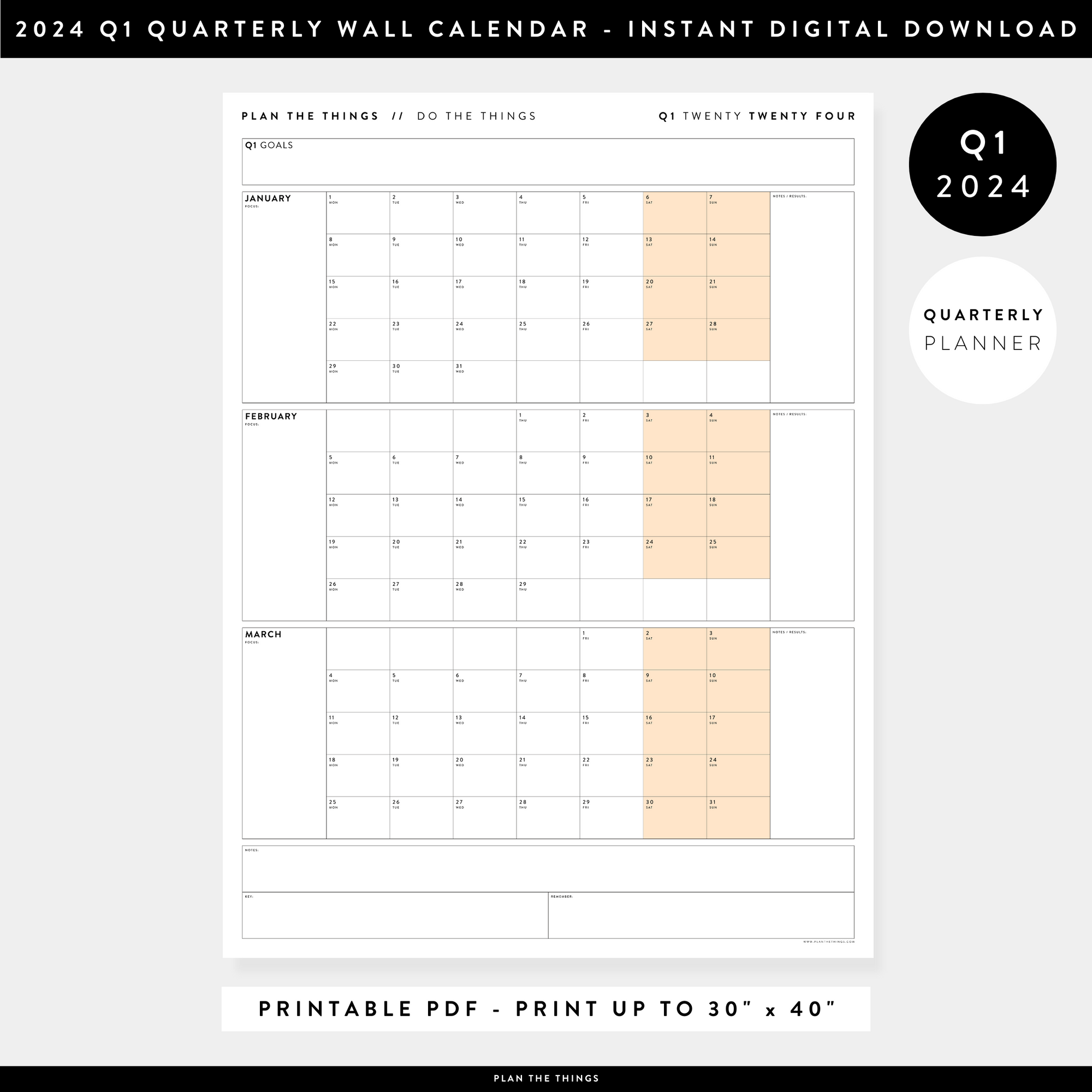 PRINTABLE Q1 (JANUARY - MARCH) 2024 QUARTERLY WALL CALENDAR (ORANGE) - INSTANT DOWNLOAD