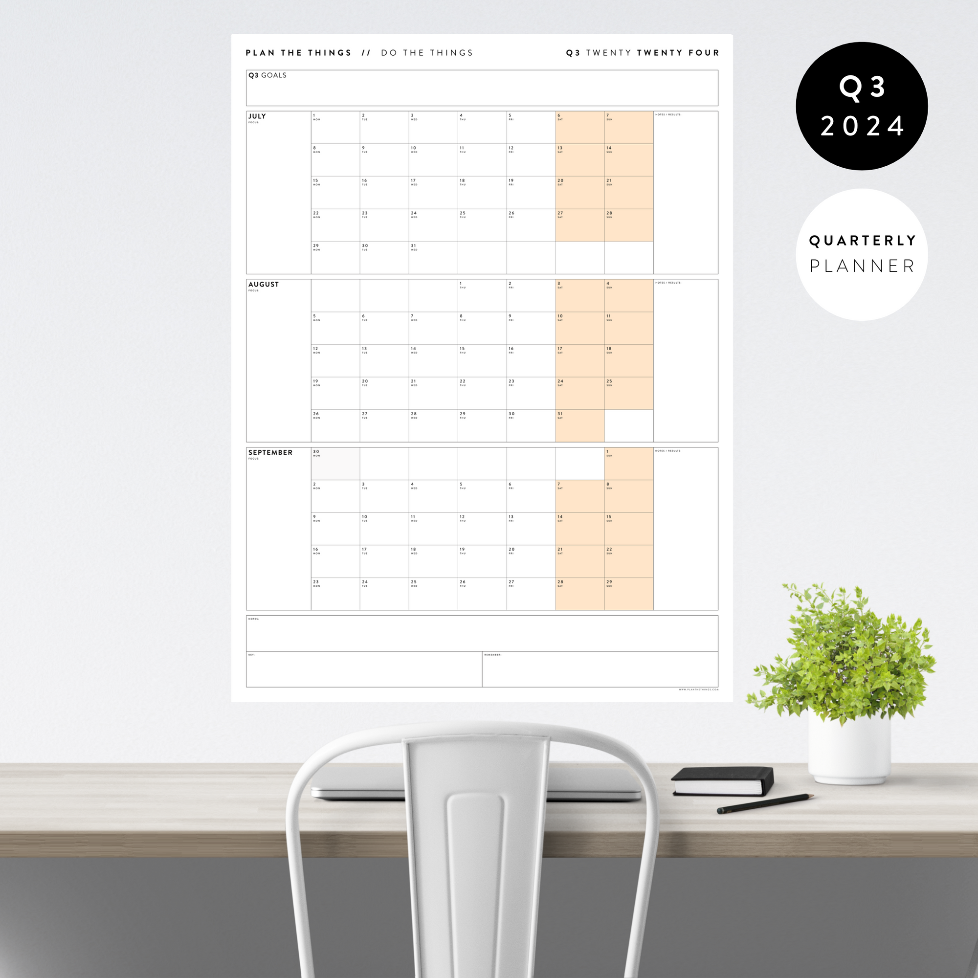 Q3 2024 QUARTERLY GIANT WALL CALENDAR (JULY - SEPTEMBER 2024) - ORANGE WEEKENDS