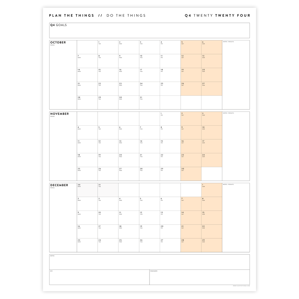 Q4 2024 QUARTERLY GIANT WALL CALENDAR (OCTOBER - DECEMBER 2024) - ORANGE WEEKENDS