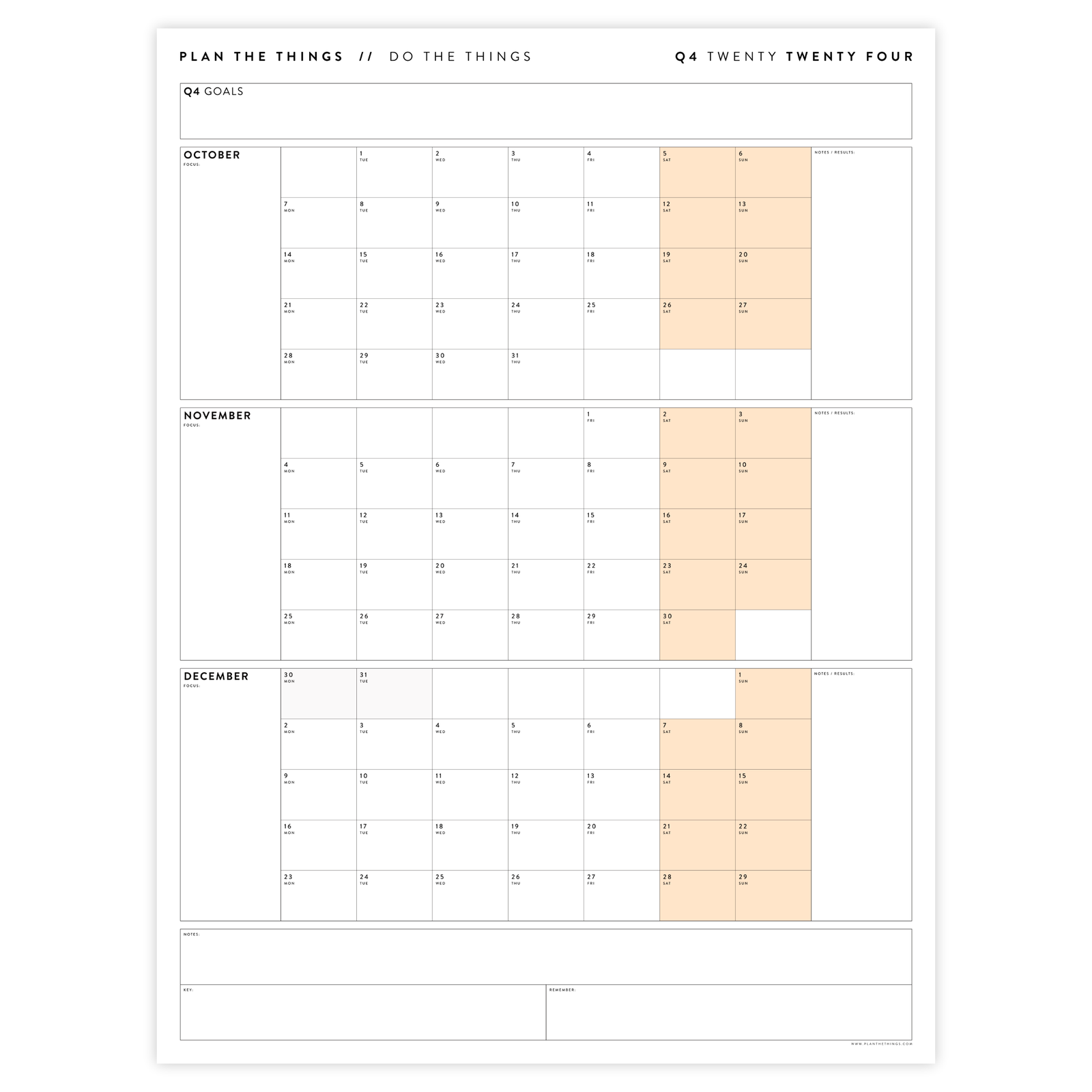 Q4 2024 QUARTERLY GIANT WALL CALENDAR (OCTOBER - DECEMBER 2024) - ORANGE WEEKENDS