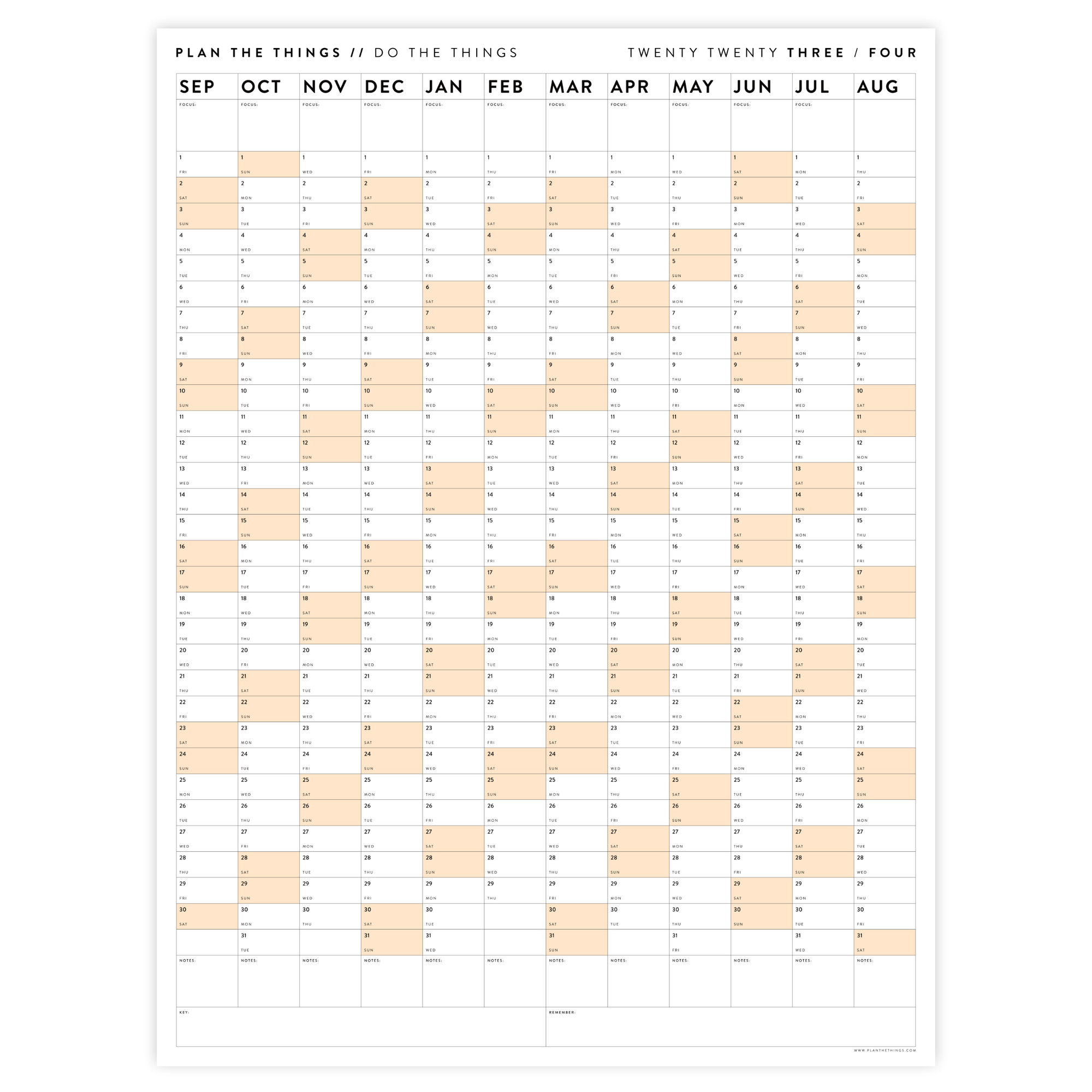 PRINTABLE 2023 / 2024 ACADEMIC WALL CALENDAR (SEPTEMBER START) | VERTICAL WITH ORANGE WEEKENDS - INSTANT DOWNLOAD