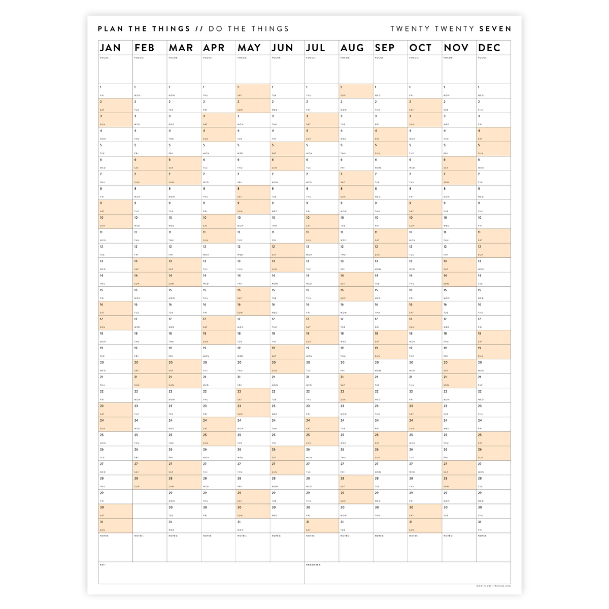 PRINTABLE VERTICAL 2027 WALL CALENDAR WITH ORANGE WEEKENDS - INSTANT DOWNLOAD