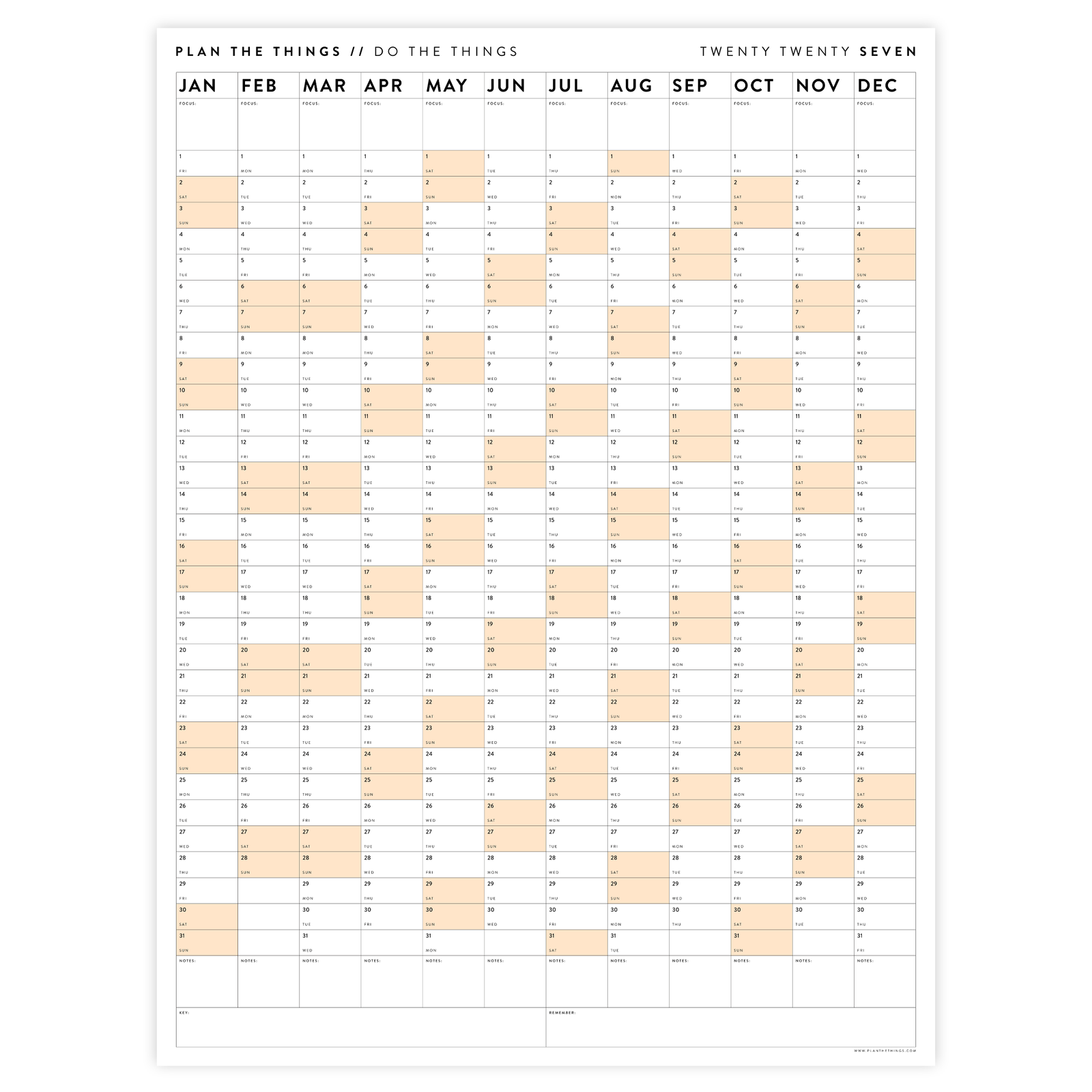 PRINTABLE VERTICAL 2027 WALL CALENDAR WITH ORANGE WEEKENDS - INSTANT DOWNLOAD