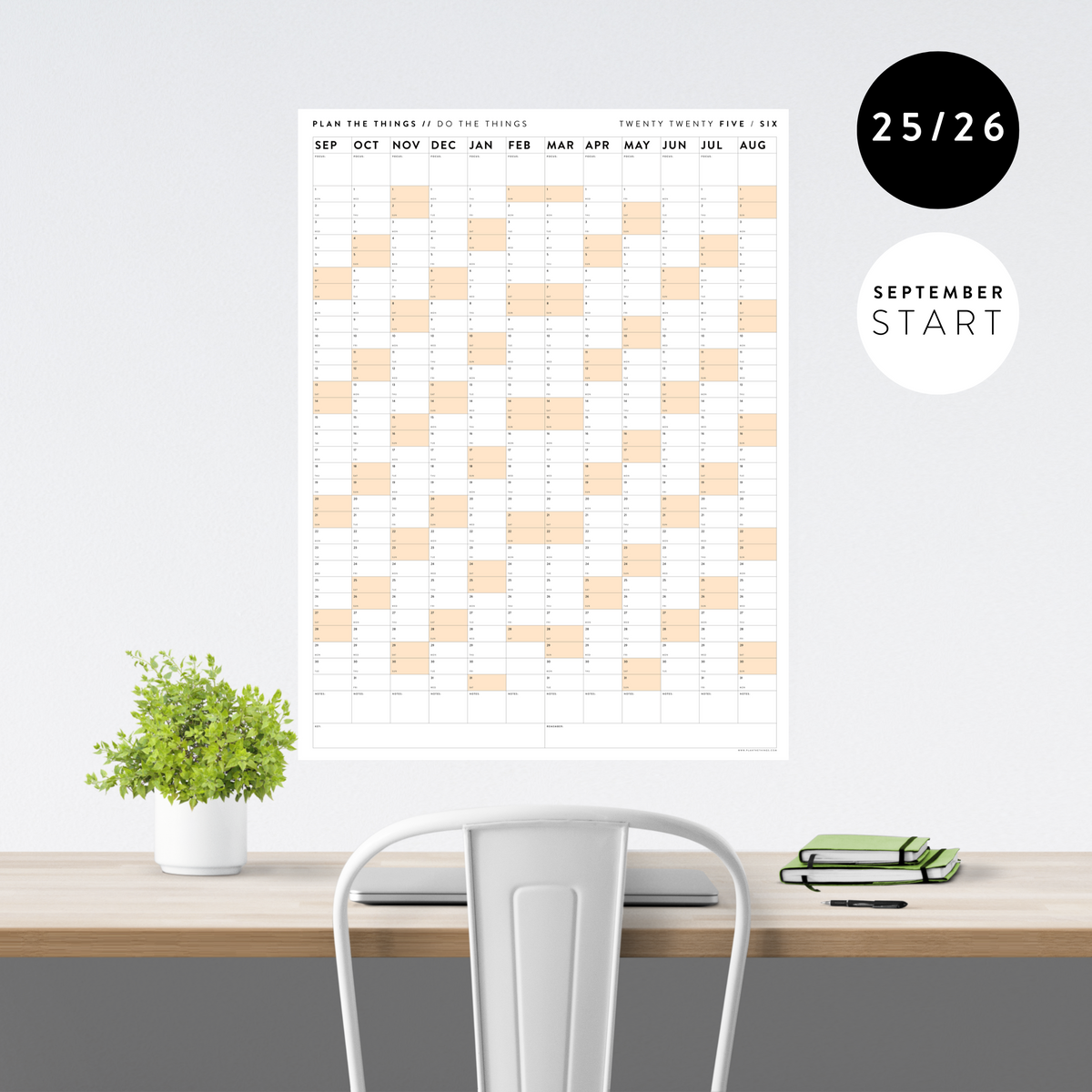 PRINTABLE 2025 - 2026 ACADEMIC WALL CALENDAR (SEPTEMBER START) | VERTICAL WITH ORANGE WEEKENDS - INSTANT DOWNLOAD